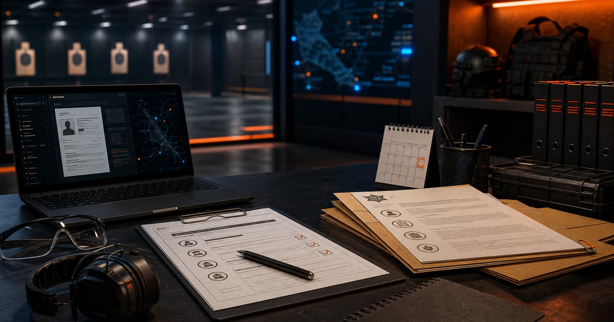 Documentos de trámite SUCAMEC sobre una mesa táctica con polígono de tiro al fondo